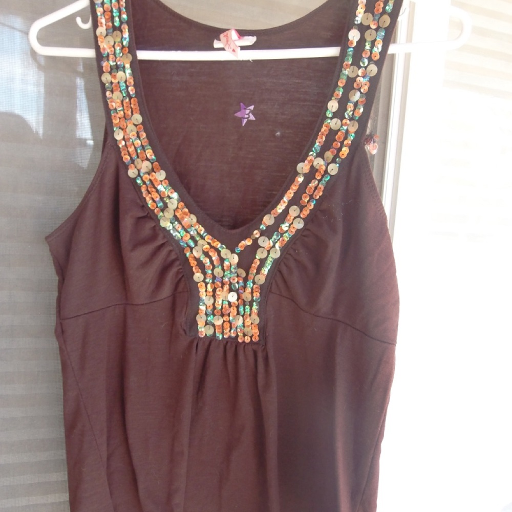 2000s Brown Sleeveless V-Neck Sequin-Embellished Women's Top